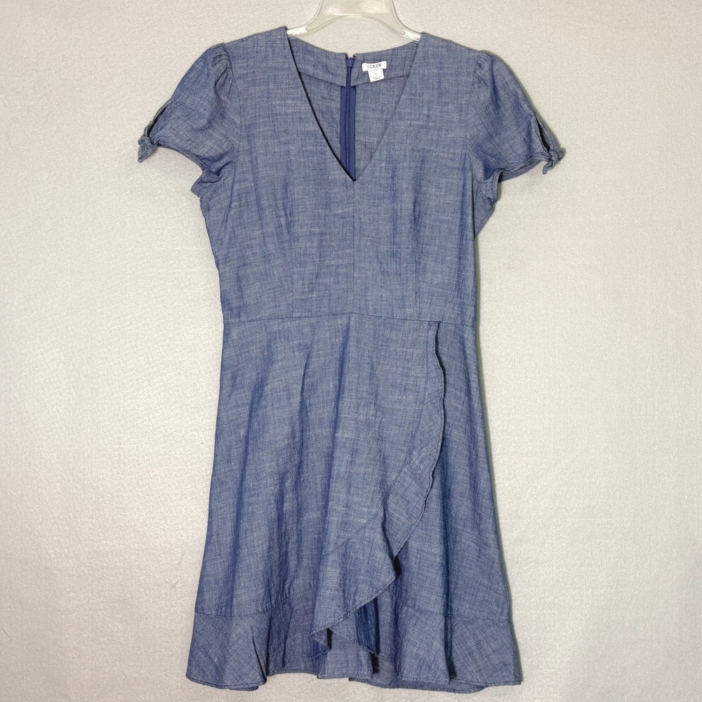 J.Crew Chambray Ruffle Faux Wrap Dress Womens Size 6 Cotton Coastal Boho Preppy